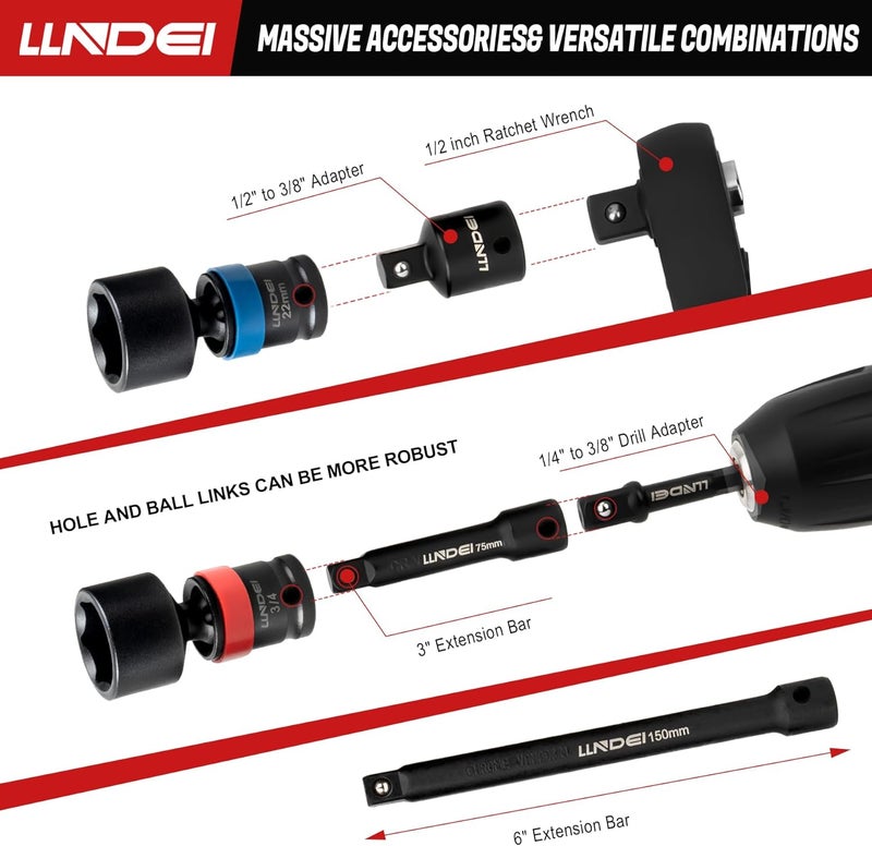 LLNDEI 27Pcs 3/8" Drive Swivel Impact Socket Set, CR-MO Swivel Socket Set Metric(8-22mm)& SAE(5/16-3/4),6 Point Wobble Socket Set with Ratchet Wrench, Extension Bar and Adapters. - Image 4